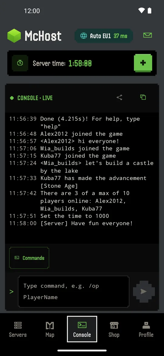 Live server console with players online