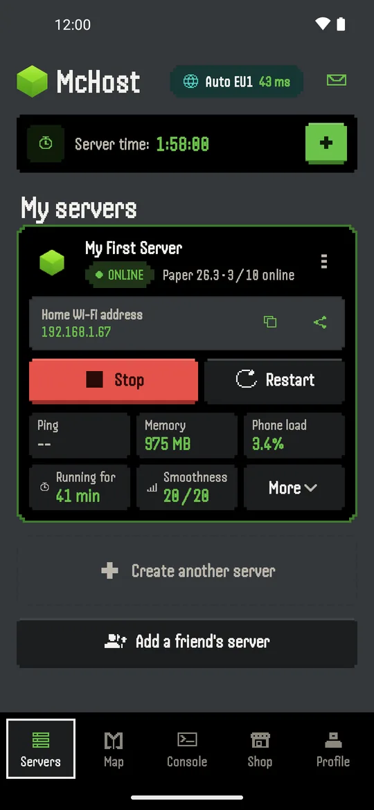 McHost app: a running Paper server with 3 of 10 players online, home Wi-Fi address, Stop and Restart buttons
