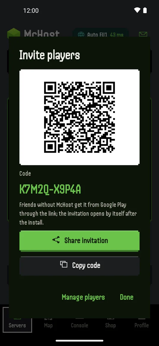 Invite friends screen with QR code and invite code