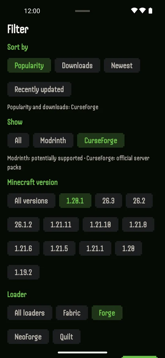 Modpack catalog filtered by CurseForge, Minecraft version and loader