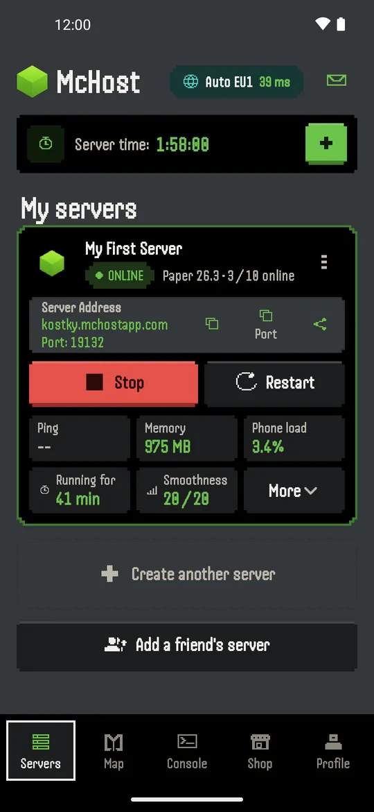 Online play screen with a public server address and Bedrock and Pocket Edition address