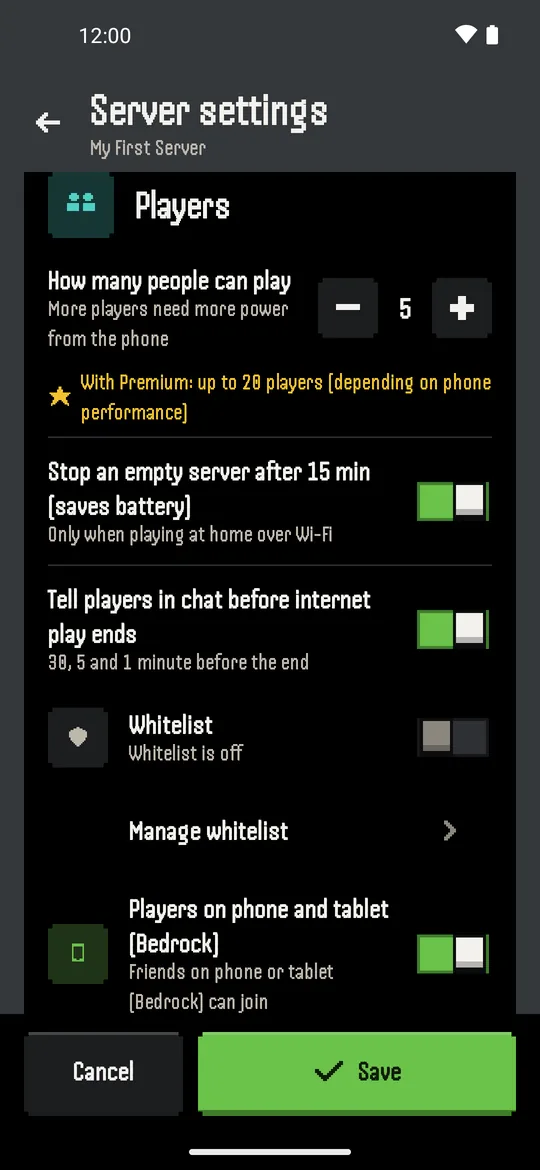 Server settings with player limit and Bedrock option